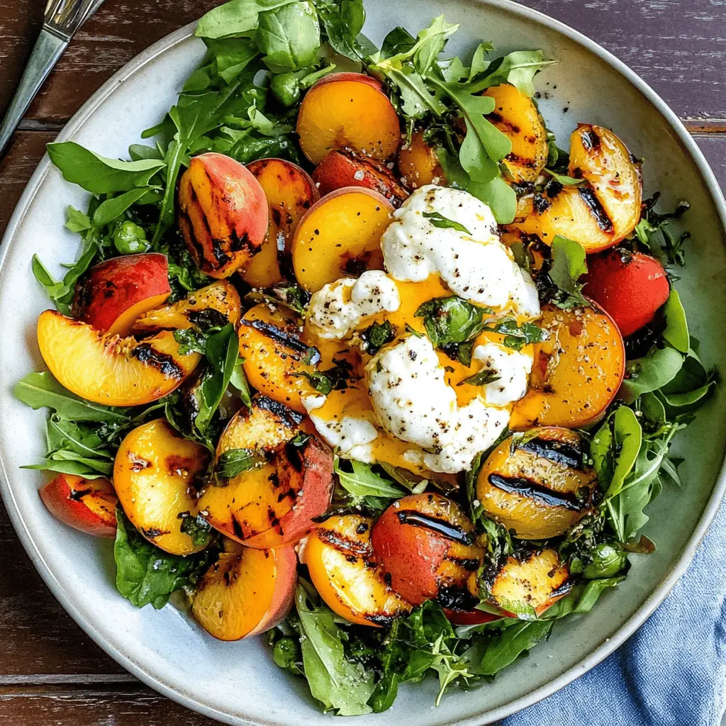 Enjoy the delightful combination of juicy grilled peaches and creamy burrata in this refreshing salad. Perfect for summer gatherings or a light lunch, this recipe highlights fresh flavors and easy prep. With just a few simple ingredients, you'll have a dish that's both beautiful and delicious. Save this recipe for your next picnic or backyard barbecue!