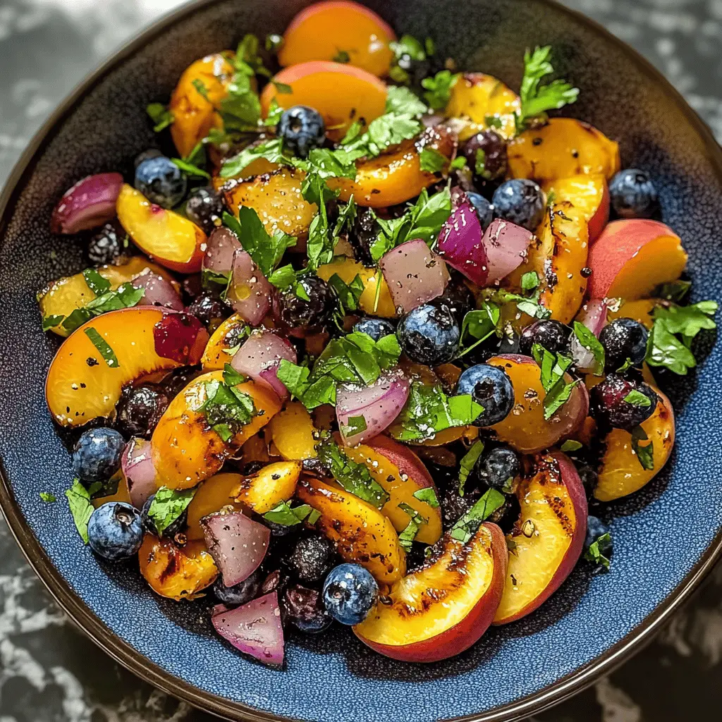 Brighten up your meal with this Grilled Peach Blueberry Salad! The juicy grilled peaches paired with fresh blueberries bring a burst of flavor that's perfect for summer gatherings. This salad is not only delicious but also packed with nutrients. Save this recipe for your next picnic or family barbecue, and impress everyone with its vibrant colors and tasty ingredients!
