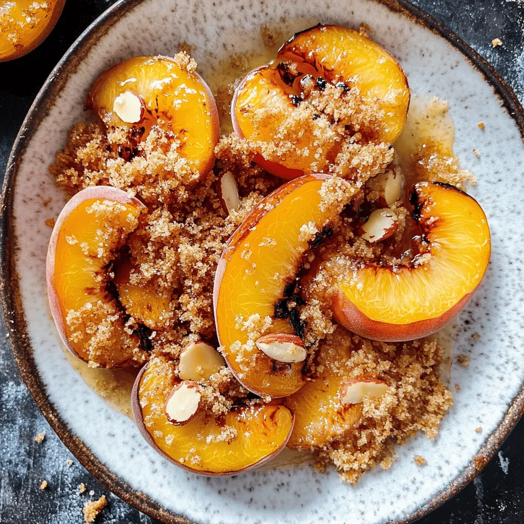 Sweet grilled peaches drizzled with maple syrup and sprinkled with crunchy almond cookie crumbs make for a delightful summer treat! This easy recipe highlights the natural flavors of ripe peaches and the satisfying crunch of cookies. Perfect for dessert or a light snack, save this pin to bring a little sunshine to your kitchen!