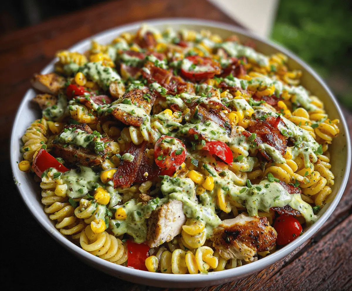 Easy Chicken Corn Pasta Salad with Bacon and Creamy Pesto