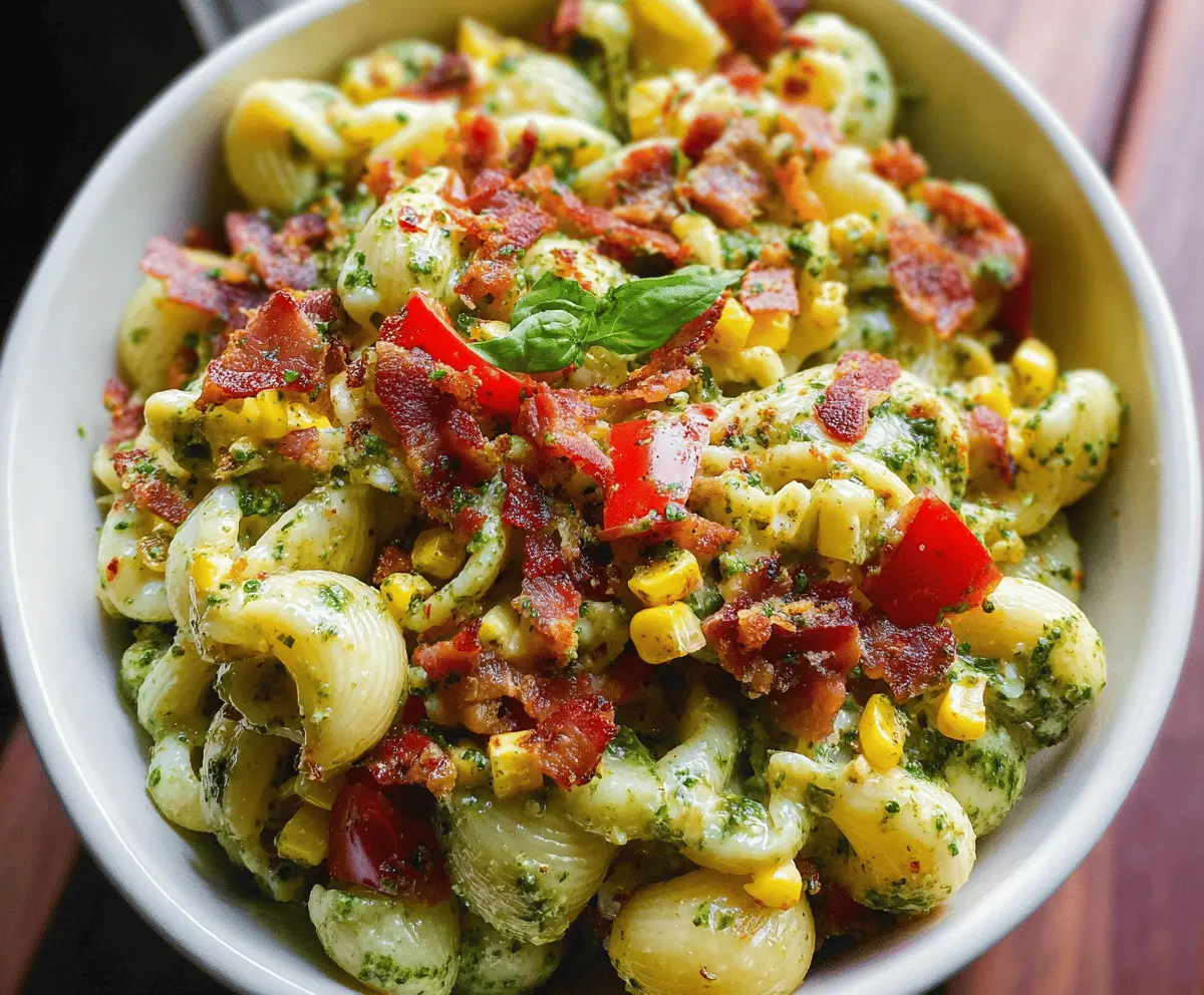 Easy Corn Pasta Salad with Bacon and Creamy Pesto