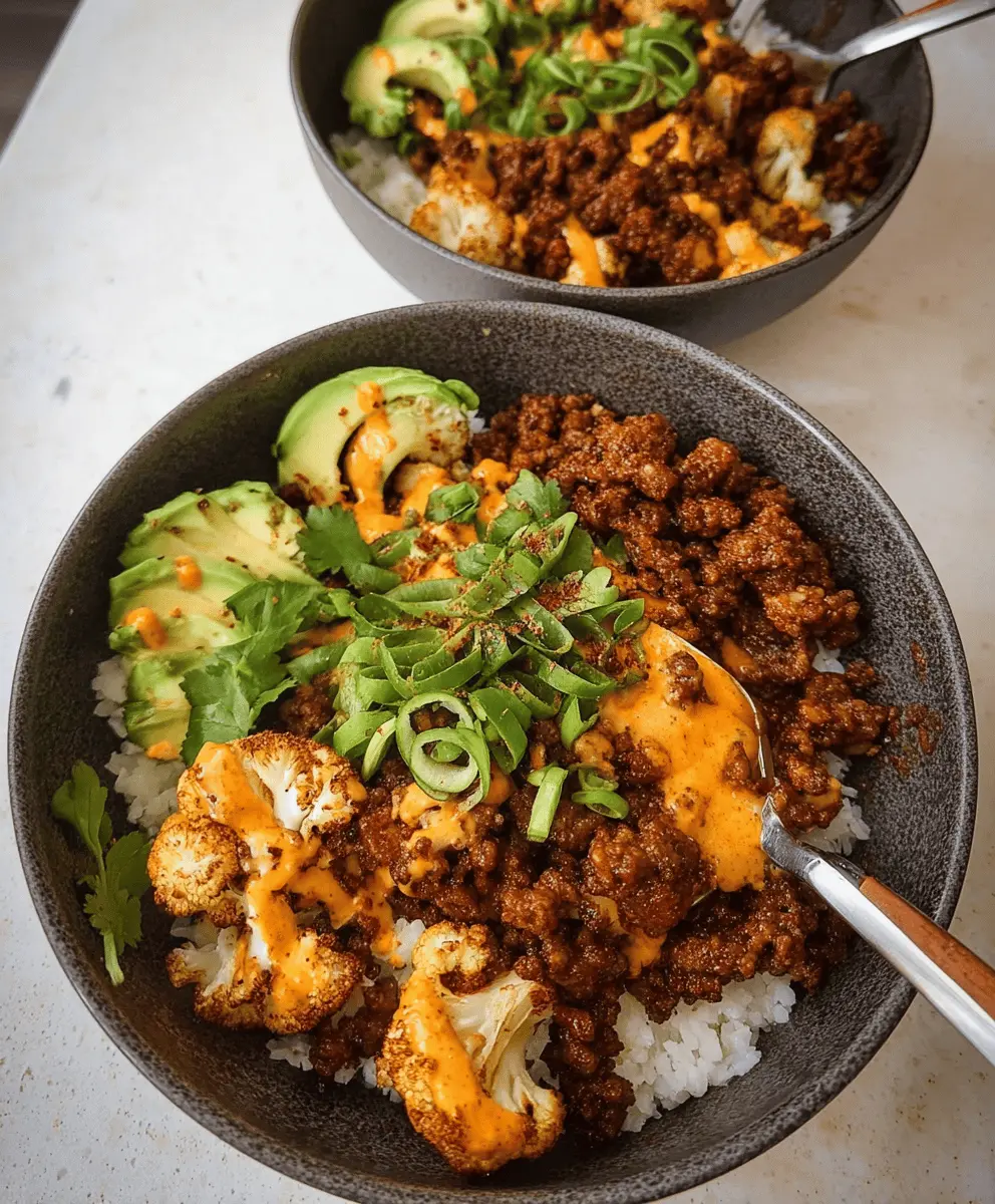 Crispy Chile Ground Beef and Cauliflower Bowls