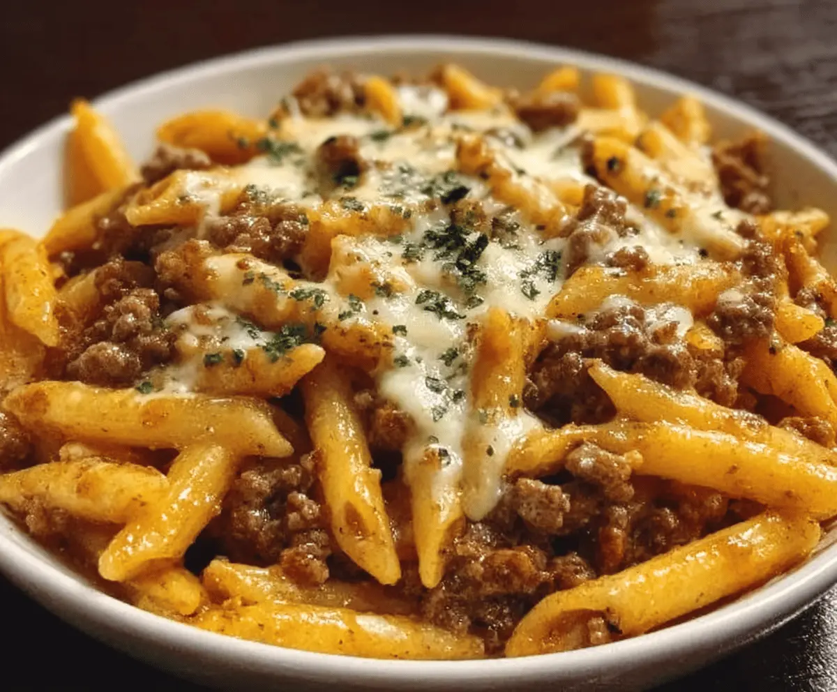 Cheesy Penne with Garlic Butter and Ground Beef