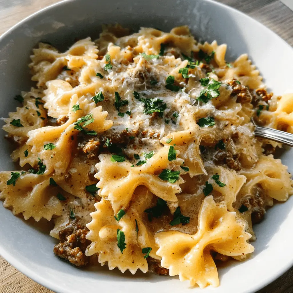 Creamy Garlic Parmesan Beef Bowtie Pasta