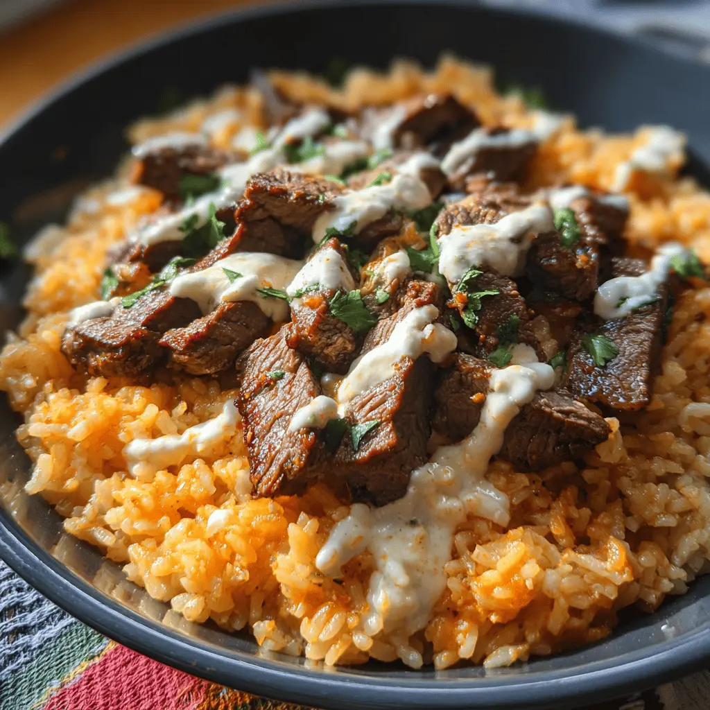 Creamy Queso Rice with Juicy Steak Strips Recipe