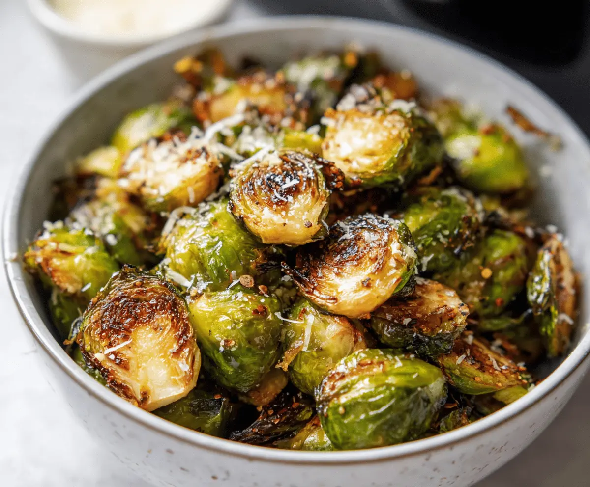 Crispy roasted Brussels sprouts cooked in an air fryer, perfect for a healthy snack or side dish