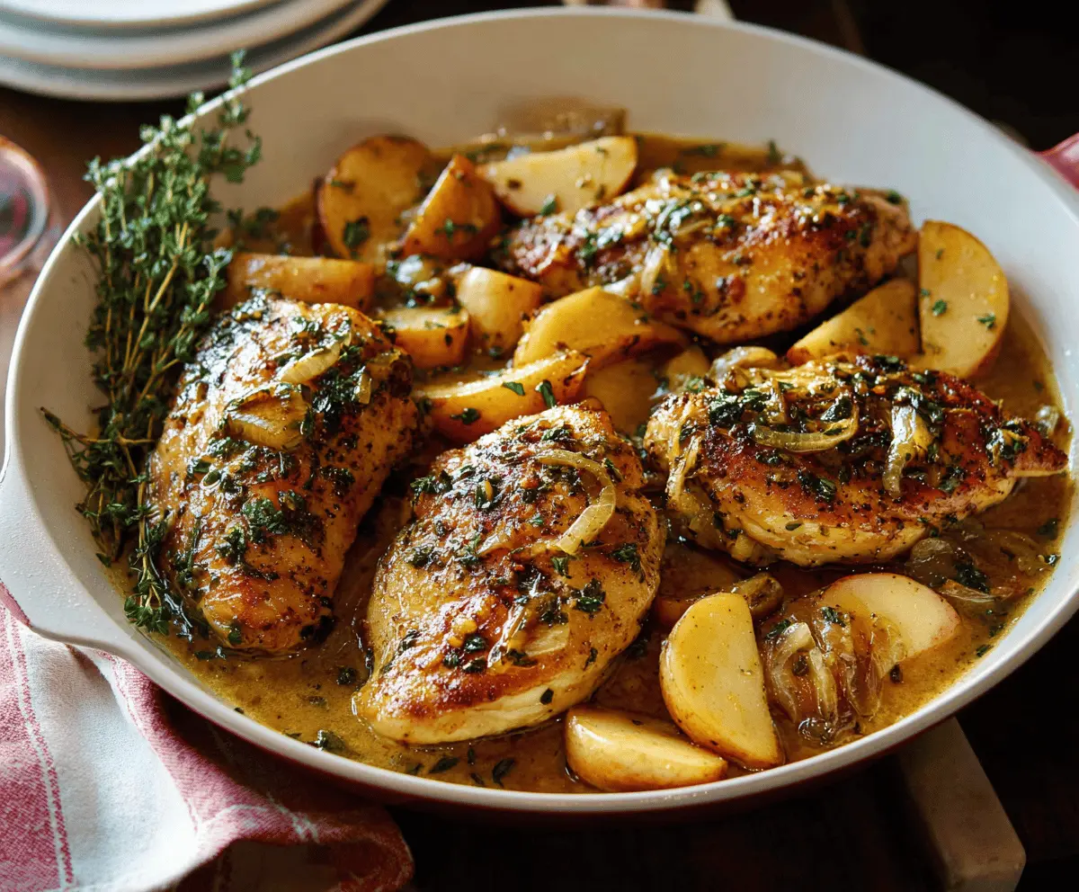 Delicious apple cider chicken dish with tender cooked chicken breasts and fresh apple slices, perfect for a cozy dinner.