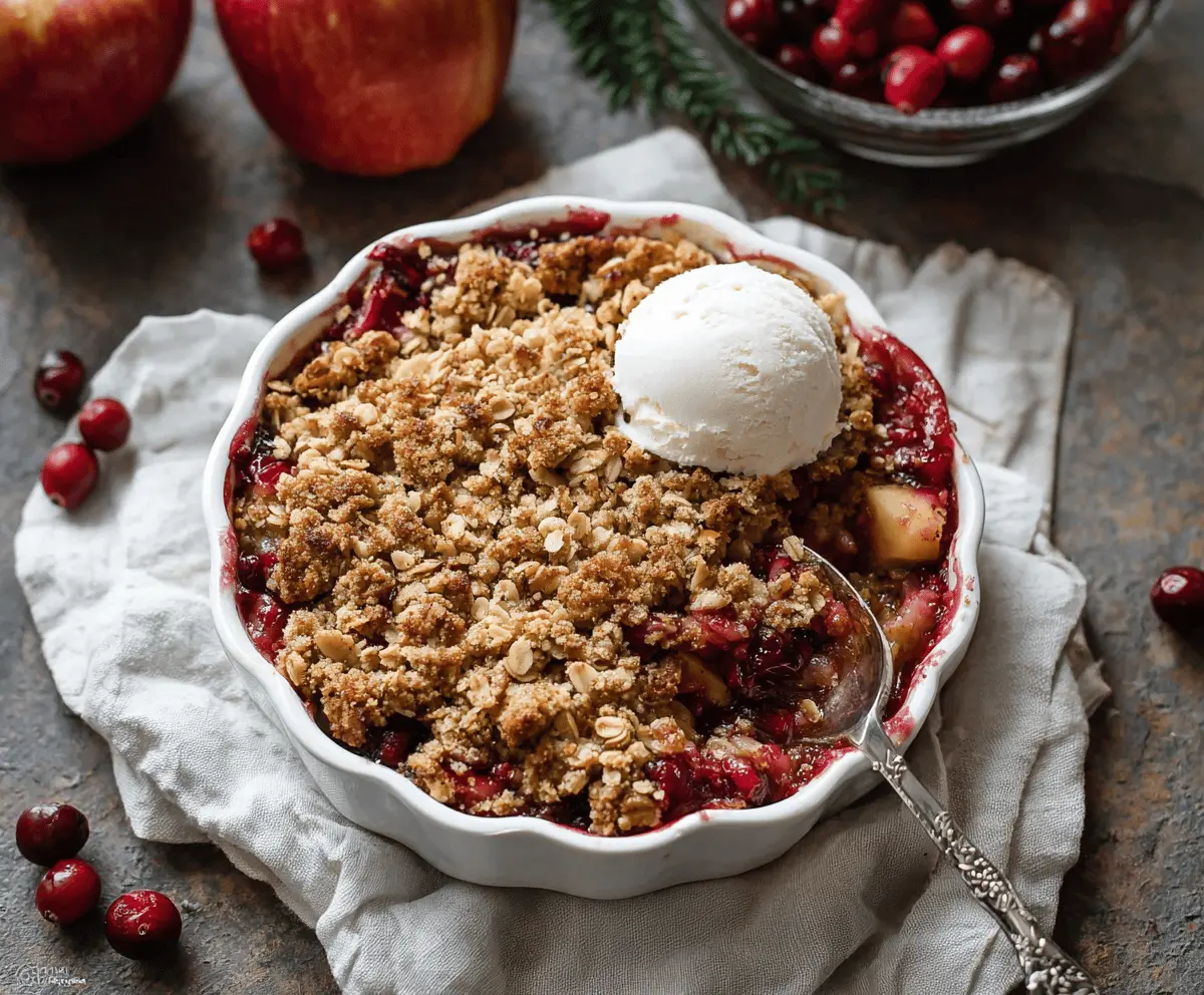 Delicious apple cranberry crisp topped with golden brown crumble, served in a baking dish, perfect for a cozy dessert