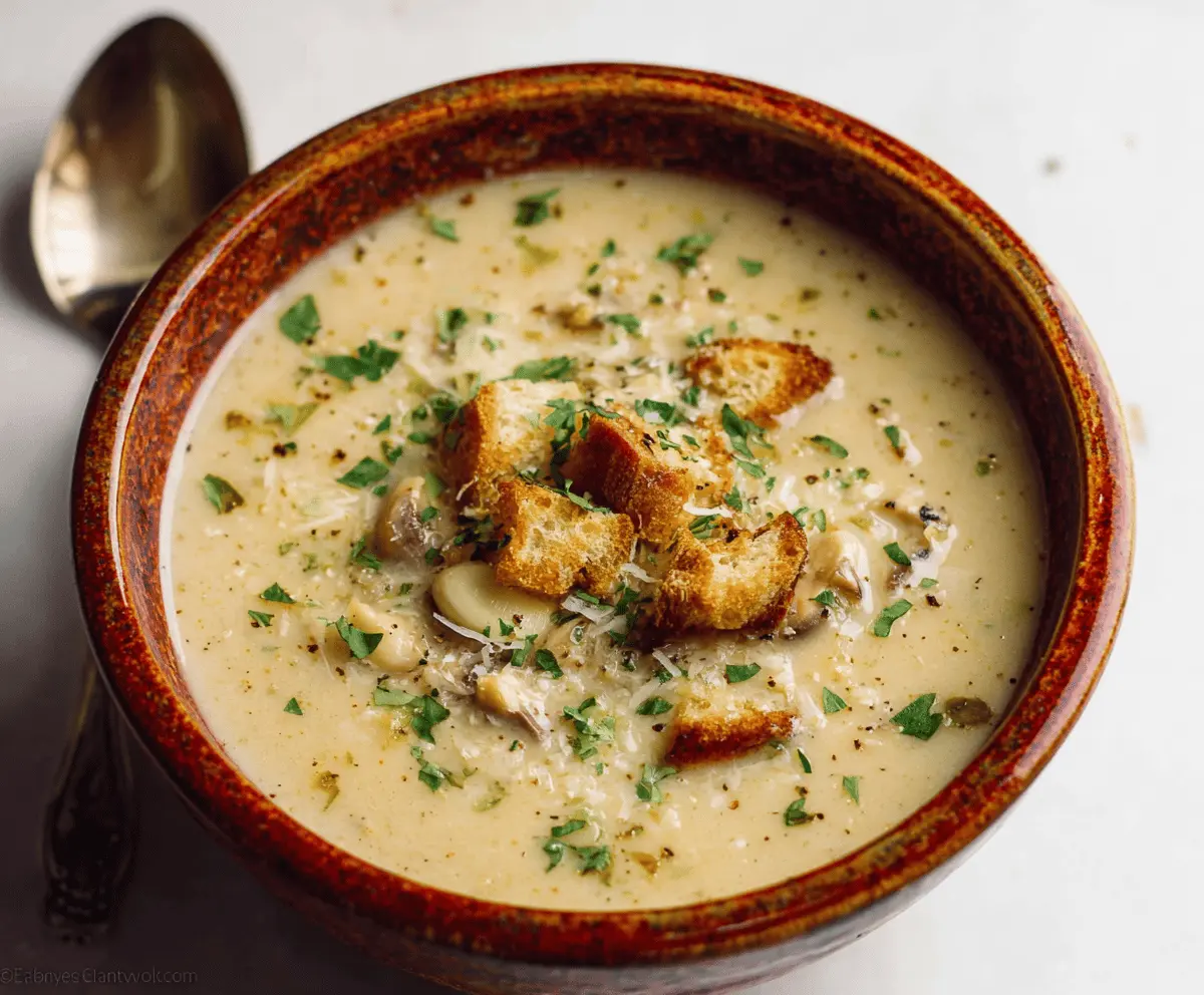 A steaming bowl of authentic Italian garlic soup garnished with fresh herbs and served with crusty bread on the side.
