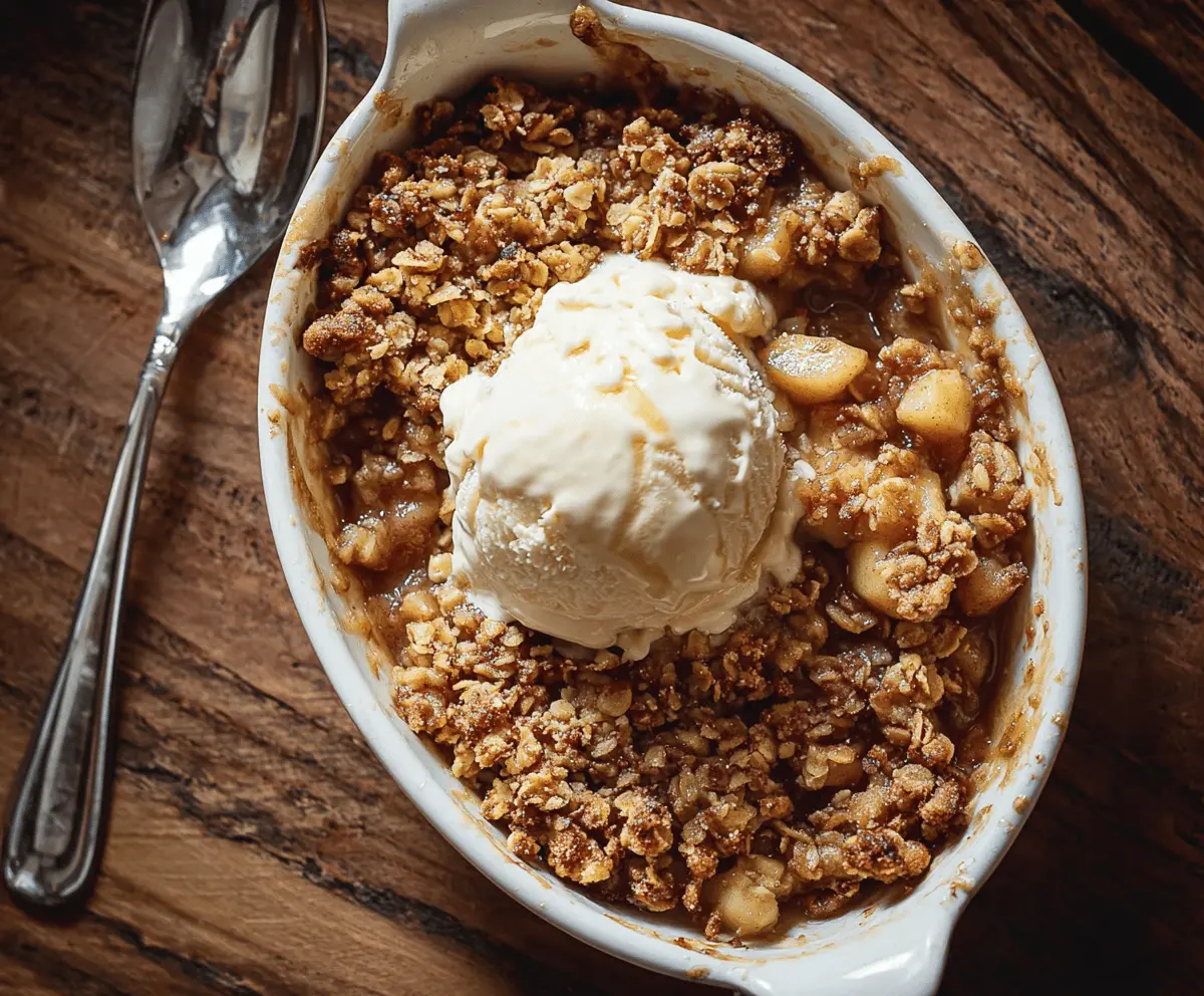 Delicious homemade Bourbon Apple Crisp topped with golden brown crust and fresh apple slices, perfect for dessert