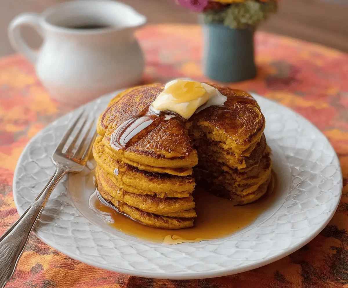 Fluffy homemade buttermilk pumpkin pancakes topped with maple syrup and autumn spices, perfect for a cozy breakfast.
