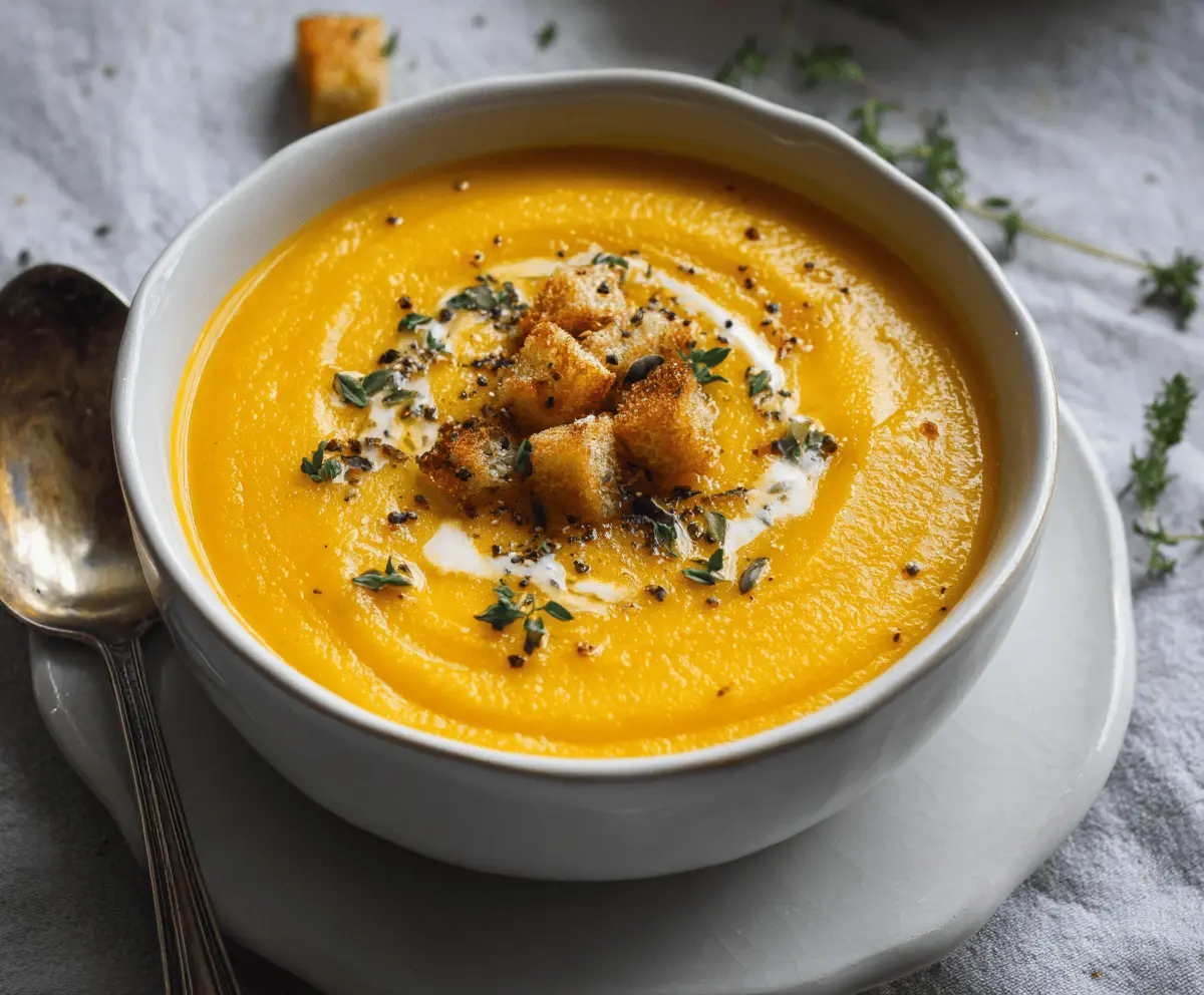 Creamy butternut squash soup garnished with fresh herbs in a rustic bowl, perfect for a comforting fall meal.