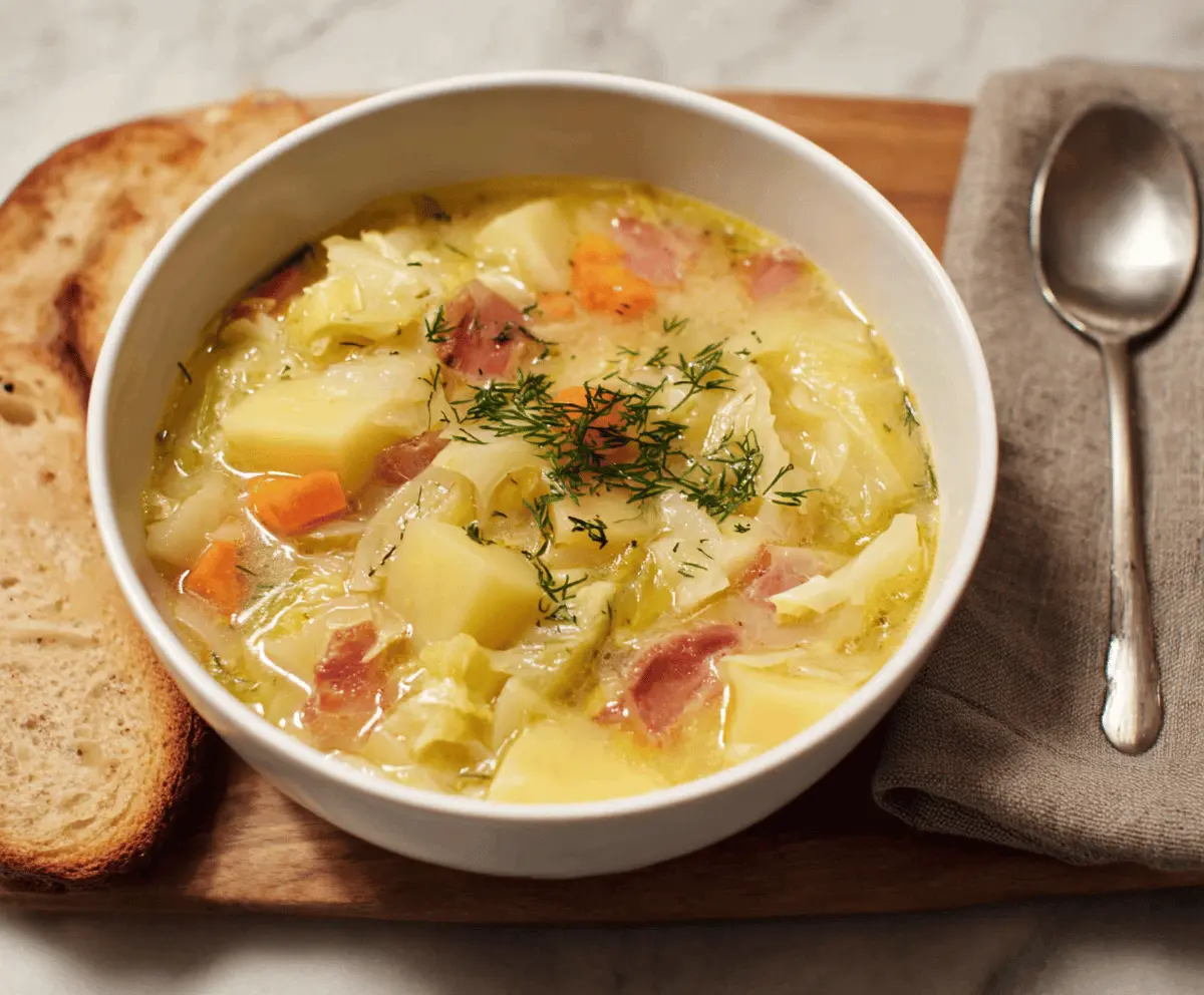 A steaming bowl of hearty cabbage and potato soup garnished with fresh herbs, served in a white bowl on a rustic wooden table.