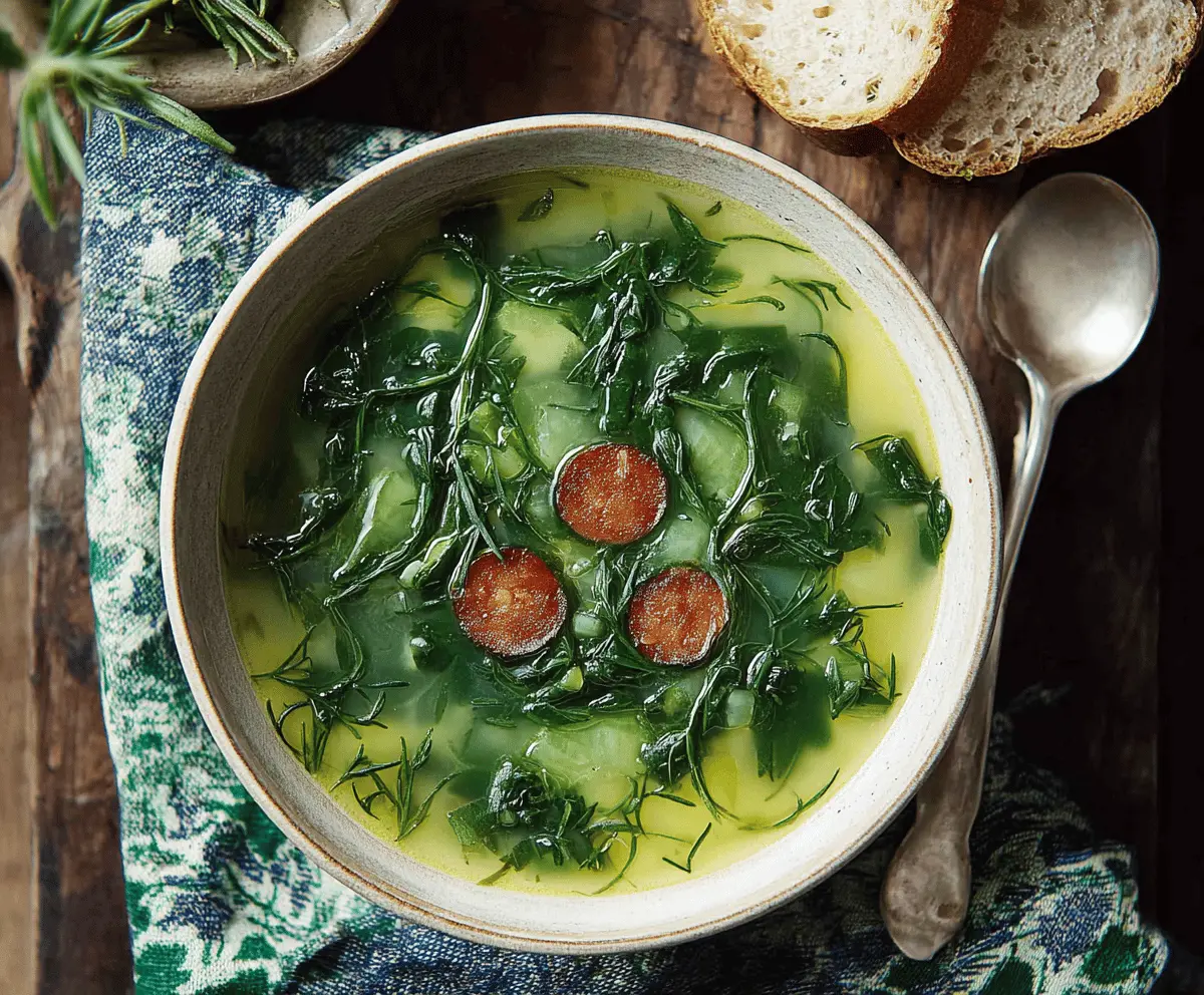 A steaming bowl of Caldo Verde, traditional Portuguese kale soup with chorizo slices and potatoes, served in a rustic bowl.