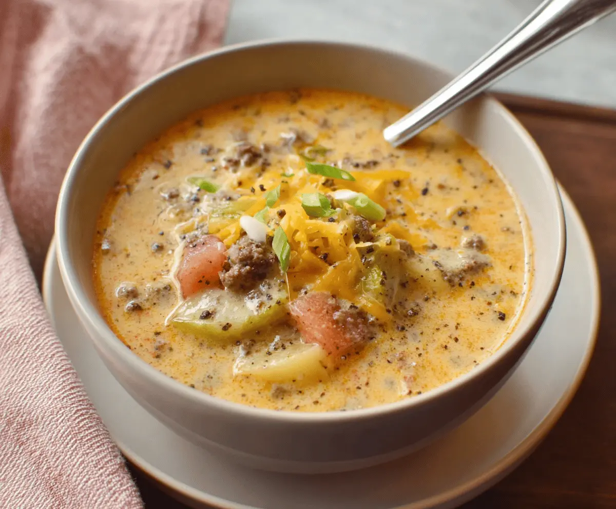 Creamy cheeseburger soup in a bowl topped with shredded cheese and fresh herbs, featuring ground beef, potatoes, and vegetables for a hearty comfort meal.