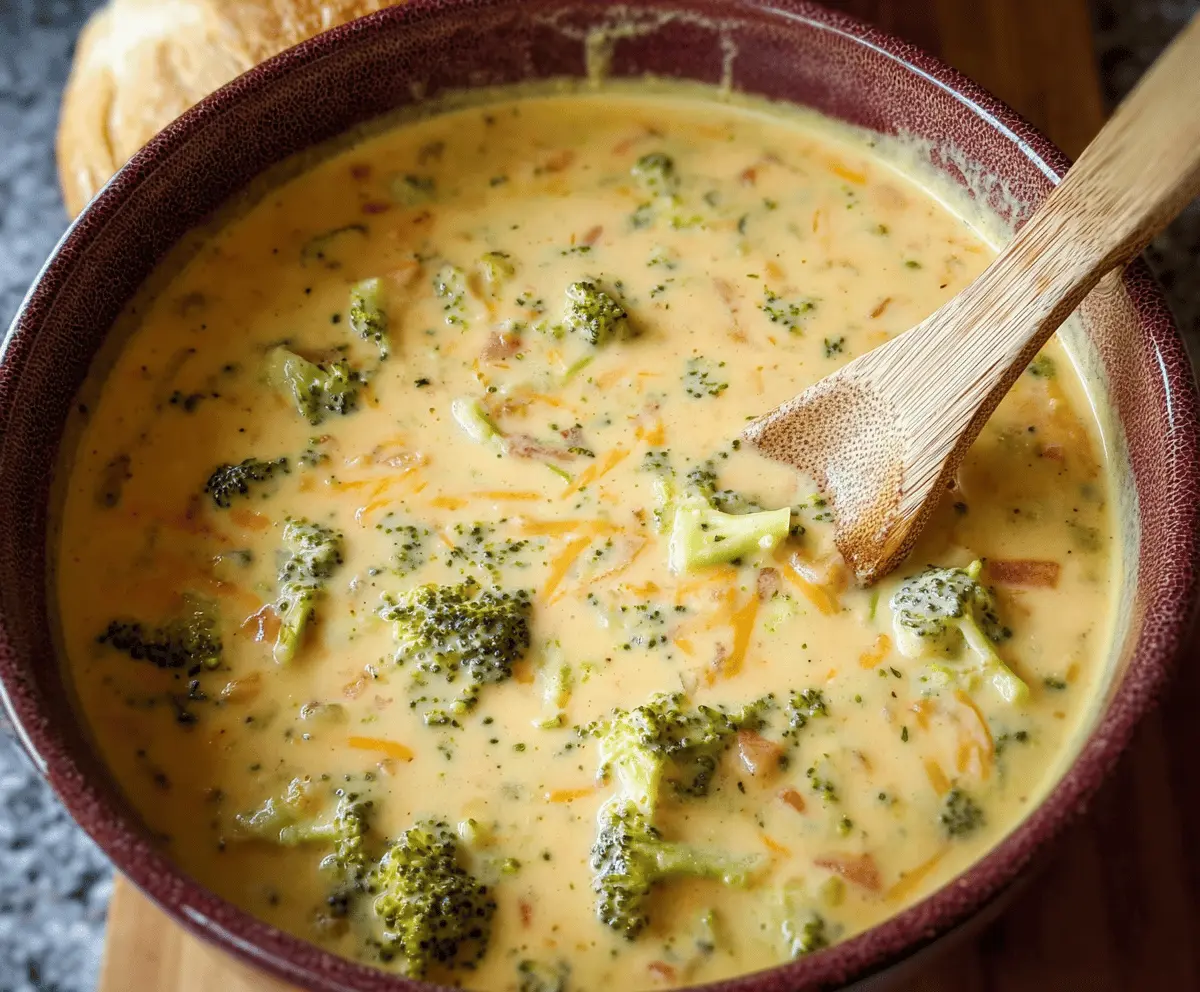 A bowl of creamy cheesy broccoli cheddar soup garnished with shredded cheese and fresh herbs, served alongside crusty bread