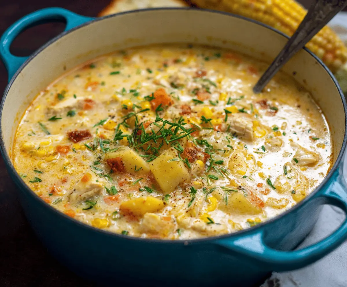 Creamy chicken corn chowder served in a bowl with fresh herbs, featuring tender chicken pieces, sweet corn, and diced vegetables in a rich broth.