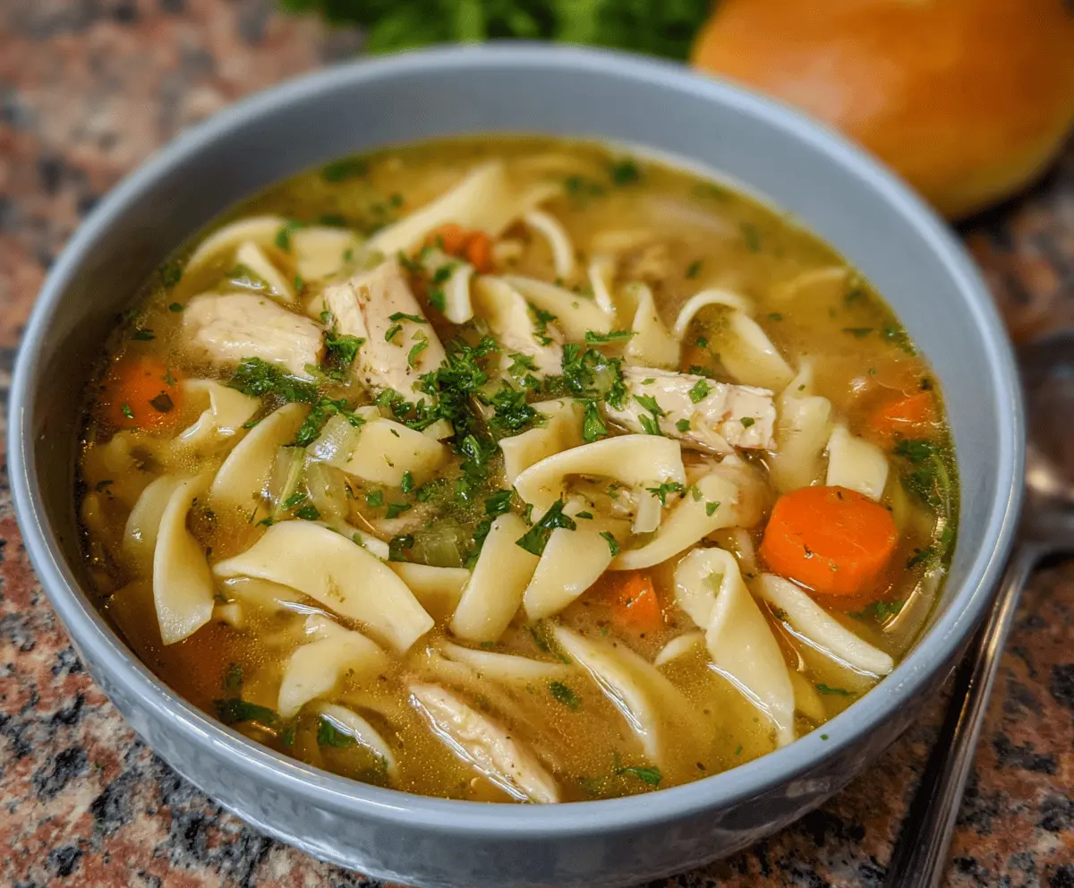 A bowl of homemade chicken noodle soup with tender chicken, egg noodles, vegetables, and herbs, served hot.