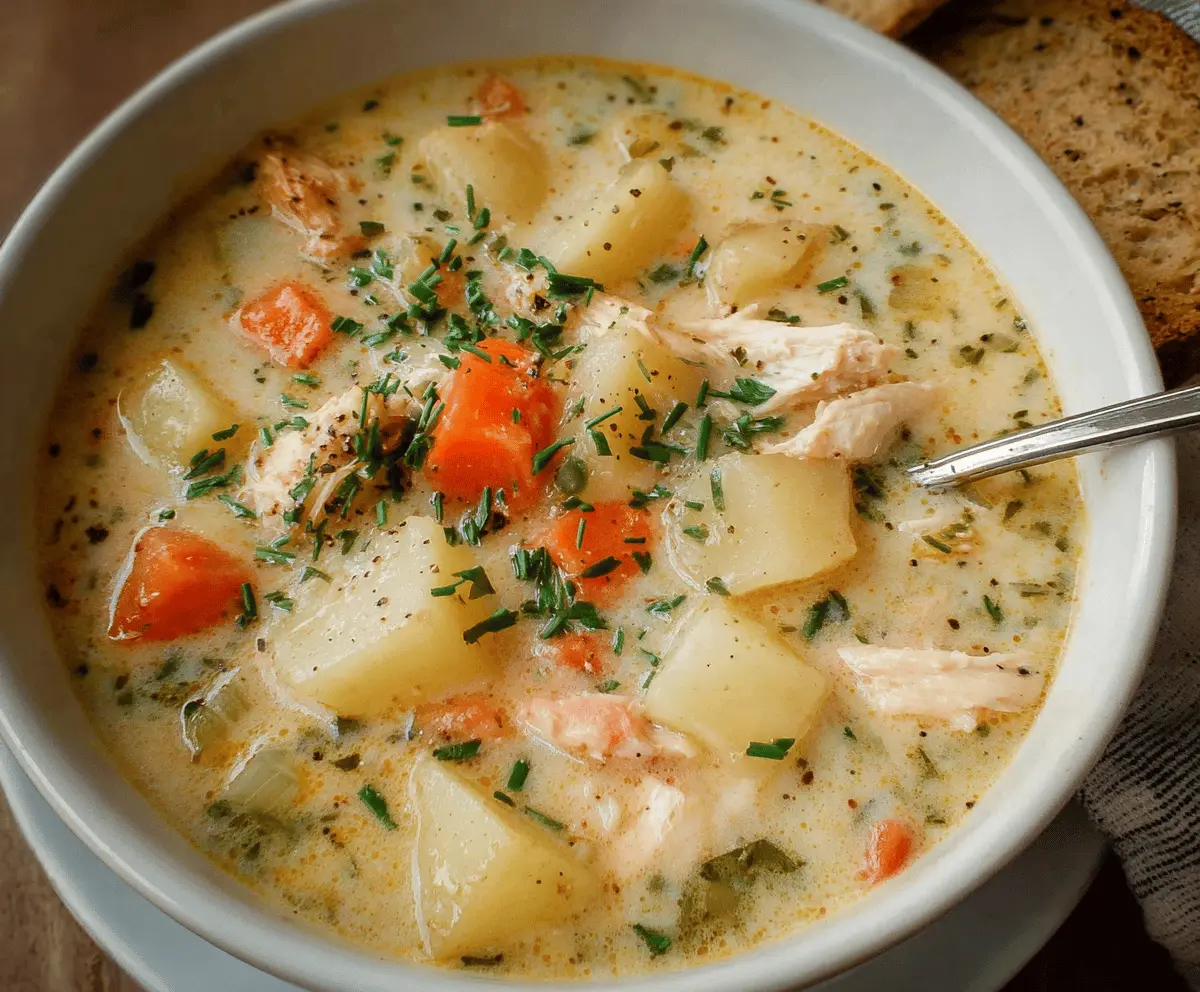 Creamy chicken potato soup served in a bowl with chopped herbs, perfect for a comforting meal