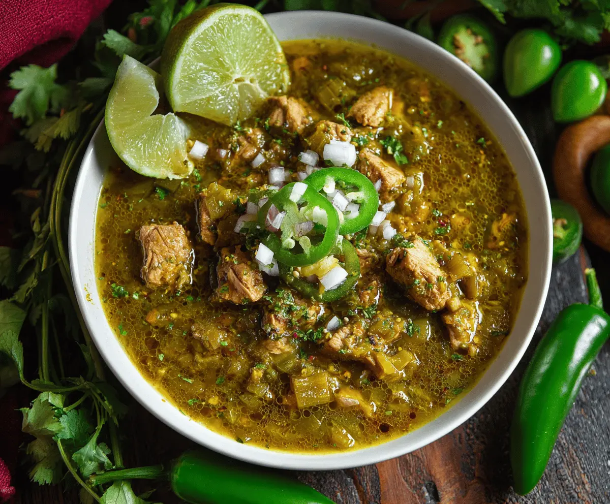 Delicious homemade Chili Verde featuring tender pork, fresh green chilies, and vibrant herbs served in a rustic bowl