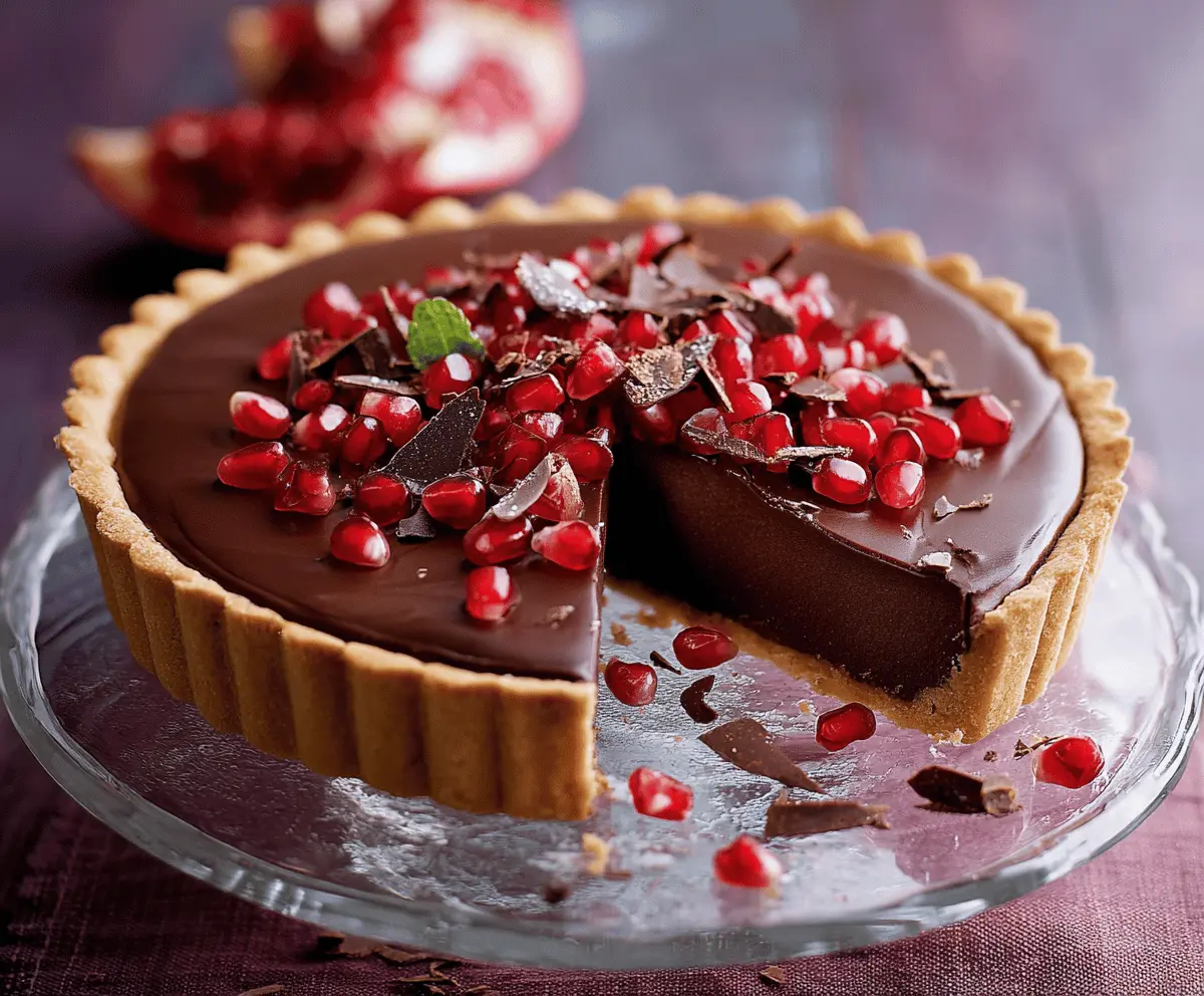 Delicious chocolate pomegranate tart garnished with fresh pomegranate seeds and mint leaves on a rustic wooden table