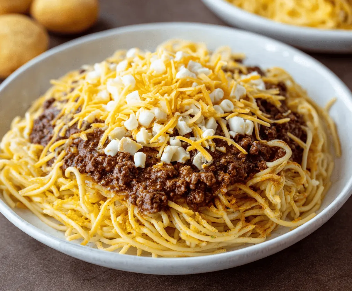 Delicious bowl of Cincinnati chili topped with shredded cheese, onions, and beans, served with crackers on the side.