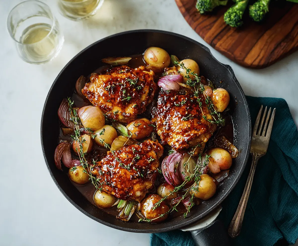 Juicy chicken breast glazed with warm apple cider reduction, garnished with fresh herbs for a cozy, flavorful dish