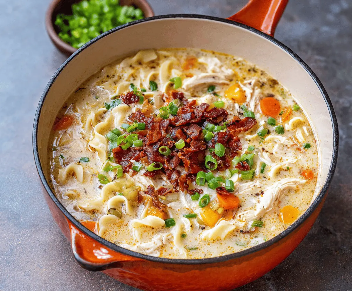 Creamy Crack Chicken Noodle Soup with tender chicken, vegetables, and egg noodles in a savory broth