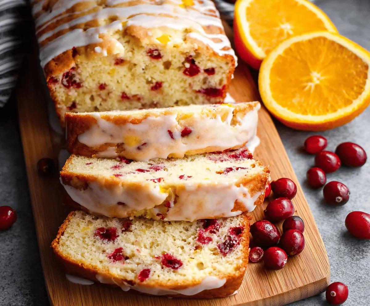 Freshly sliced cranberry orange bread with vibrant cranberries and orange zest on a rustic wooden table, perfect for breakfast or snack.