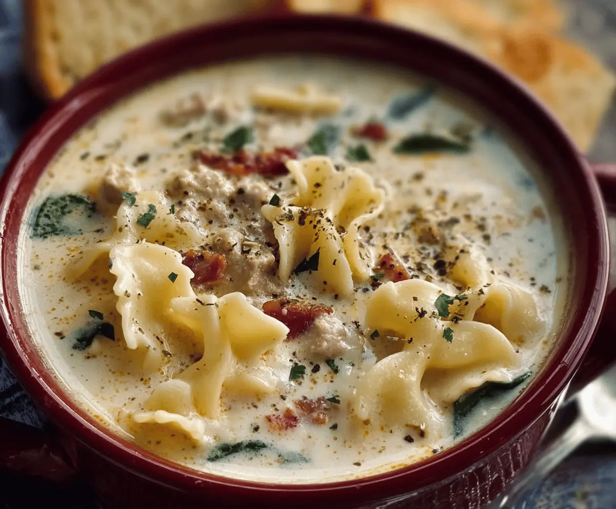 Creamy Alfredo Lasagna Soup in a bowl with melted cheese, pasta, and fresh herbs, served hot and garnished with basil