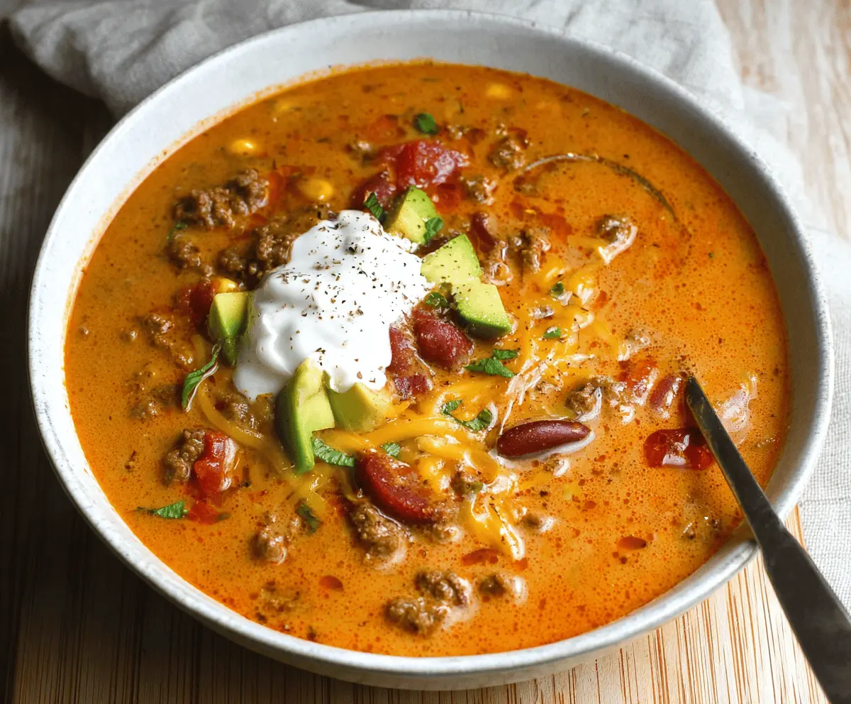 A bowl of creamy beef taco soup garnished with shredded cheese, fresh cilantro, and a lime wedge, served with tortilla chips on the side.