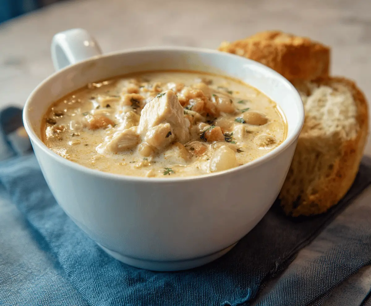Creamy white chicken chili served in a bowl with shredded chicken, beans, and spices, garnished with cilantro and a lime wedge.