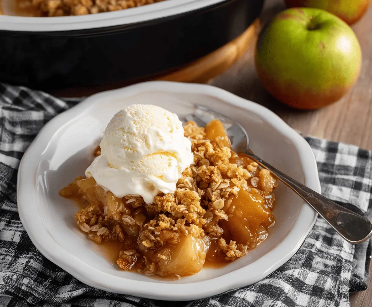 Delicious homemade Crockpot Apple Crisp topped with golden brown oats and cinnamon, served in a rustic dish