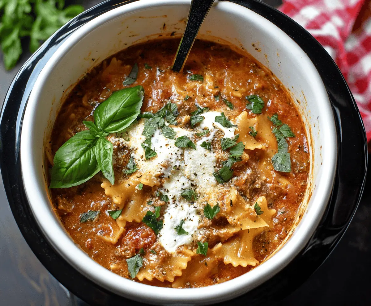 Creamy Crockpot Cheesy Lasagna Soup in a bowl topped with melted cheese, fresh basil, and parmesan, ready to serve