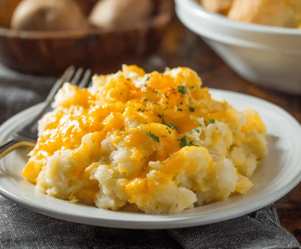 Delicious Crockpot Cheesy Potato Casserole topped with melted cheese and fresh herbs, ready to serve