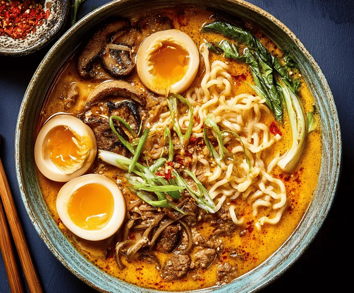 A bowl of steaming Curry Ramen Soup with noodles, vegetables, and sliced meat garnished with green onions on a rustic wooden table.