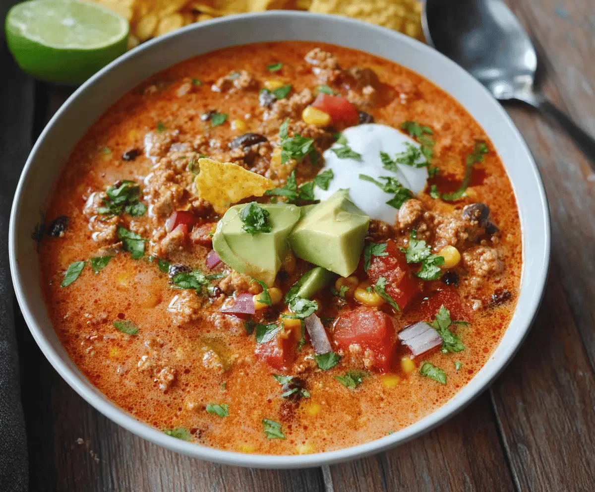 Delicious dairy-free taco soup with seasoned ground meat, beans, corn, and fresh toppings in a bowl, perfect for a hearty and allergy-friendly meal.
