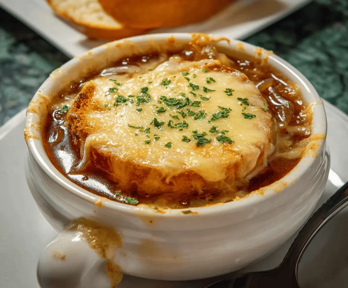 A steaming bowl of classic French Onion Soup topped with melted cheese and toasted bread croutons, served in a rustic bowl with caramelized onions and fresh herbs.