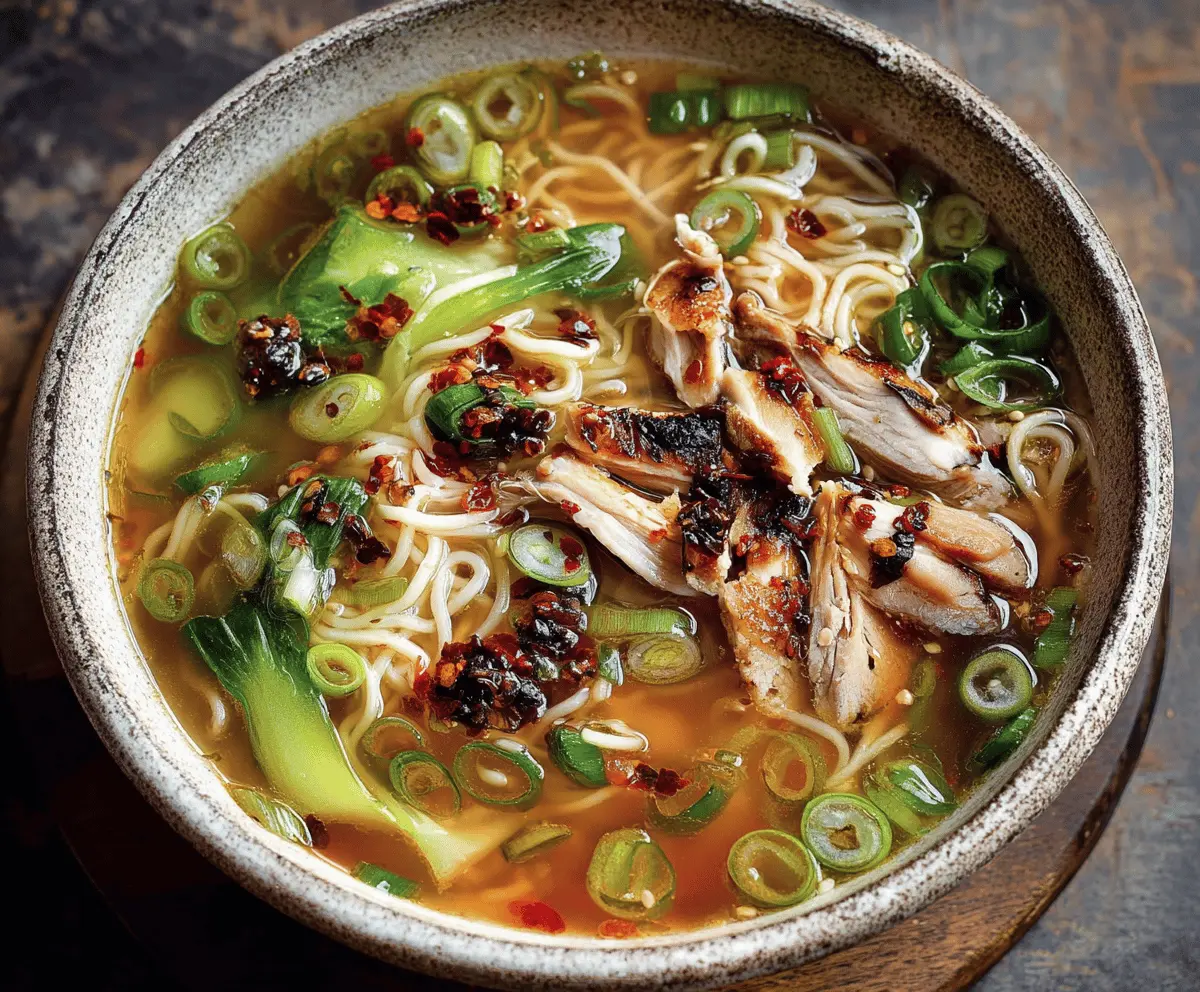 A steaming bowl of Ginger Garlic Chicken Noodle Soup topped with fresh herbs, featuring tender chicken, crunchy vegetables, and flavorful broth, perfect for a comforting meal.