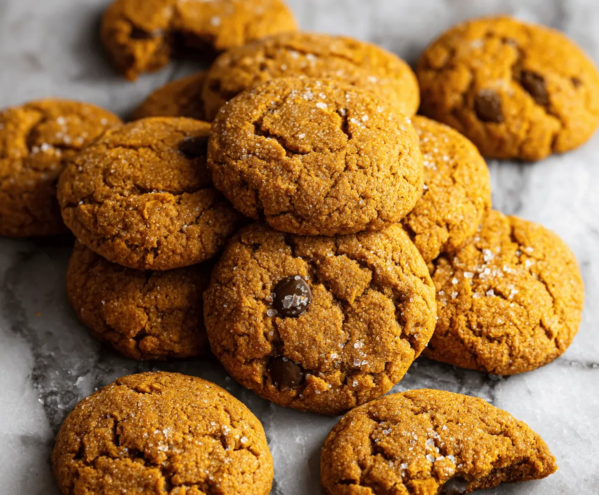 Delicious gluten-free pumpkin cookies topped with chocolate chips on a white plate, perfect for fall desserts and pumpkin spice lovers