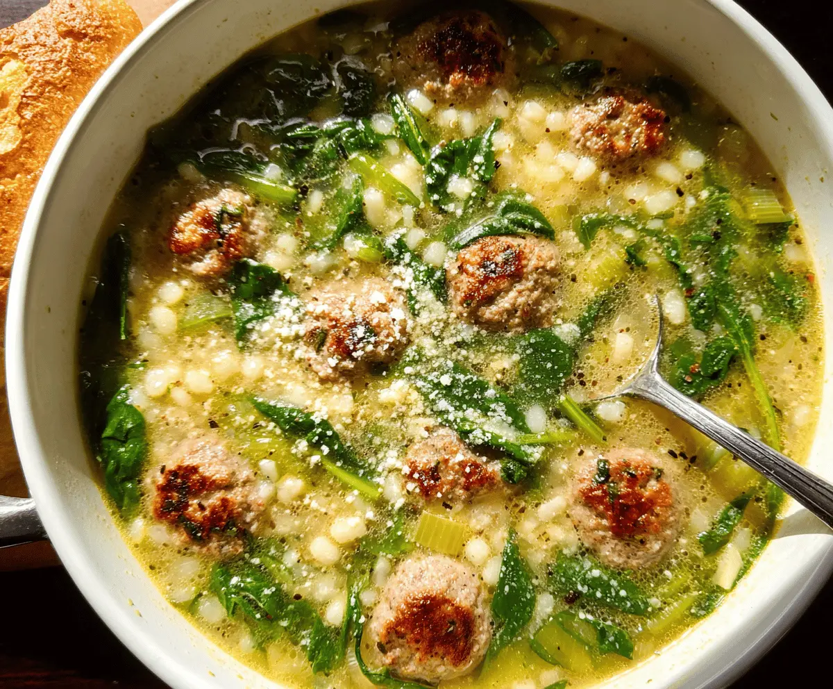 A bowl of Italian Wedding Soup featuring meatballs, spinach, and pasta in a clear broth, garnished with grated Parmesan cheese.