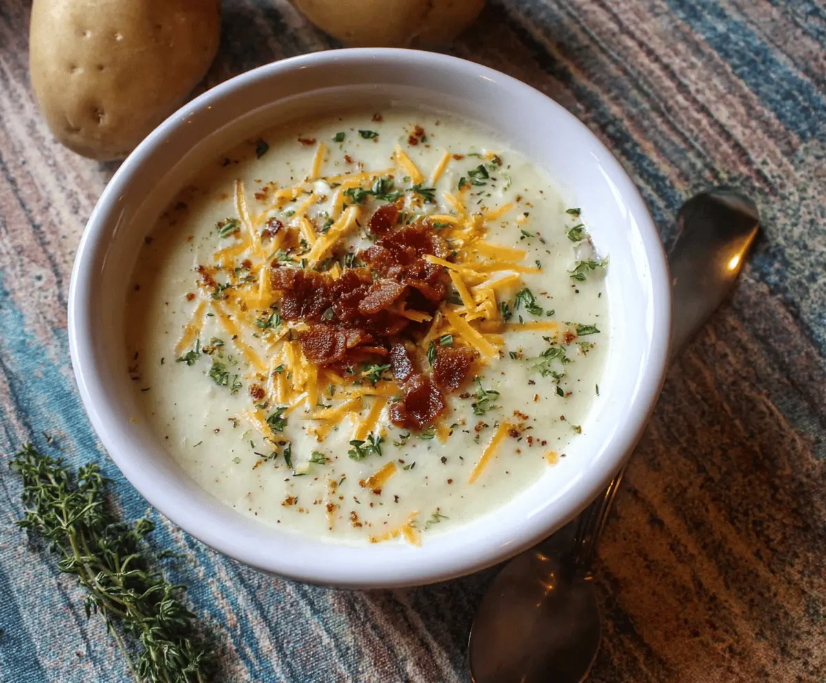 Creamy leftover mashed potato soup in a bowl topped with herbs, served with bread on the side