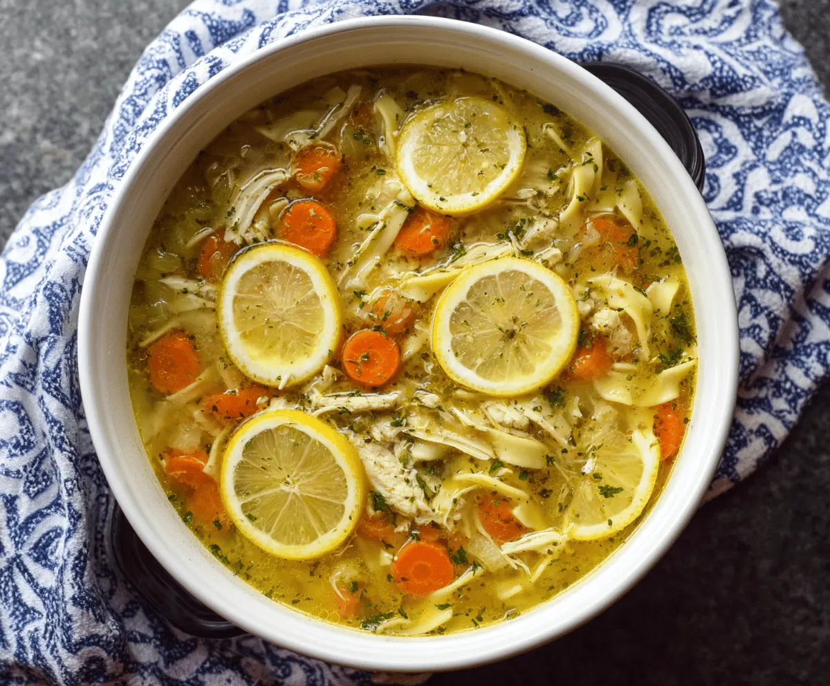 Creamy lemon pepper chicken noodle soup with fresh herbs and vegetables, served in a bowl
