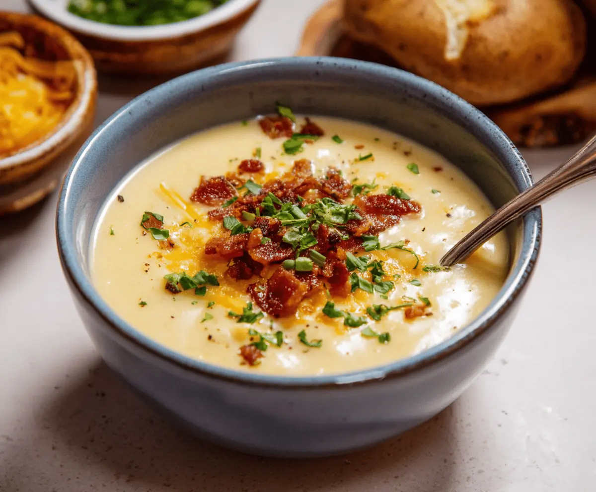 Creamy loaded potato soup topped with crispy bacon, shredded cheese, green onions, and sour cream in a bowl