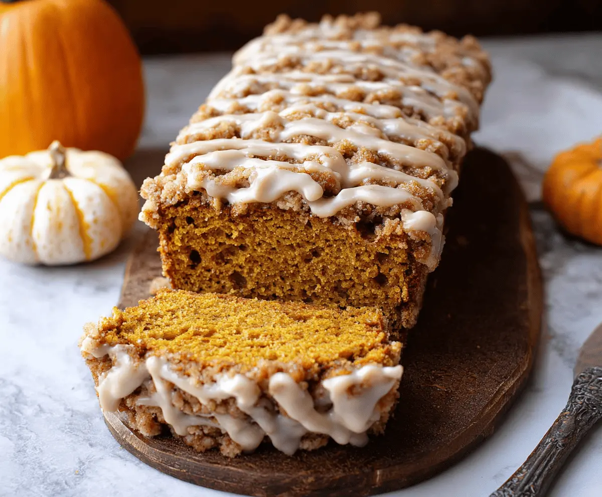 Delicious slices of Maple-Glazed Streusel Pumpkin Bread topped with crunchy streusel and drizzled with maple glaze, ready to serve