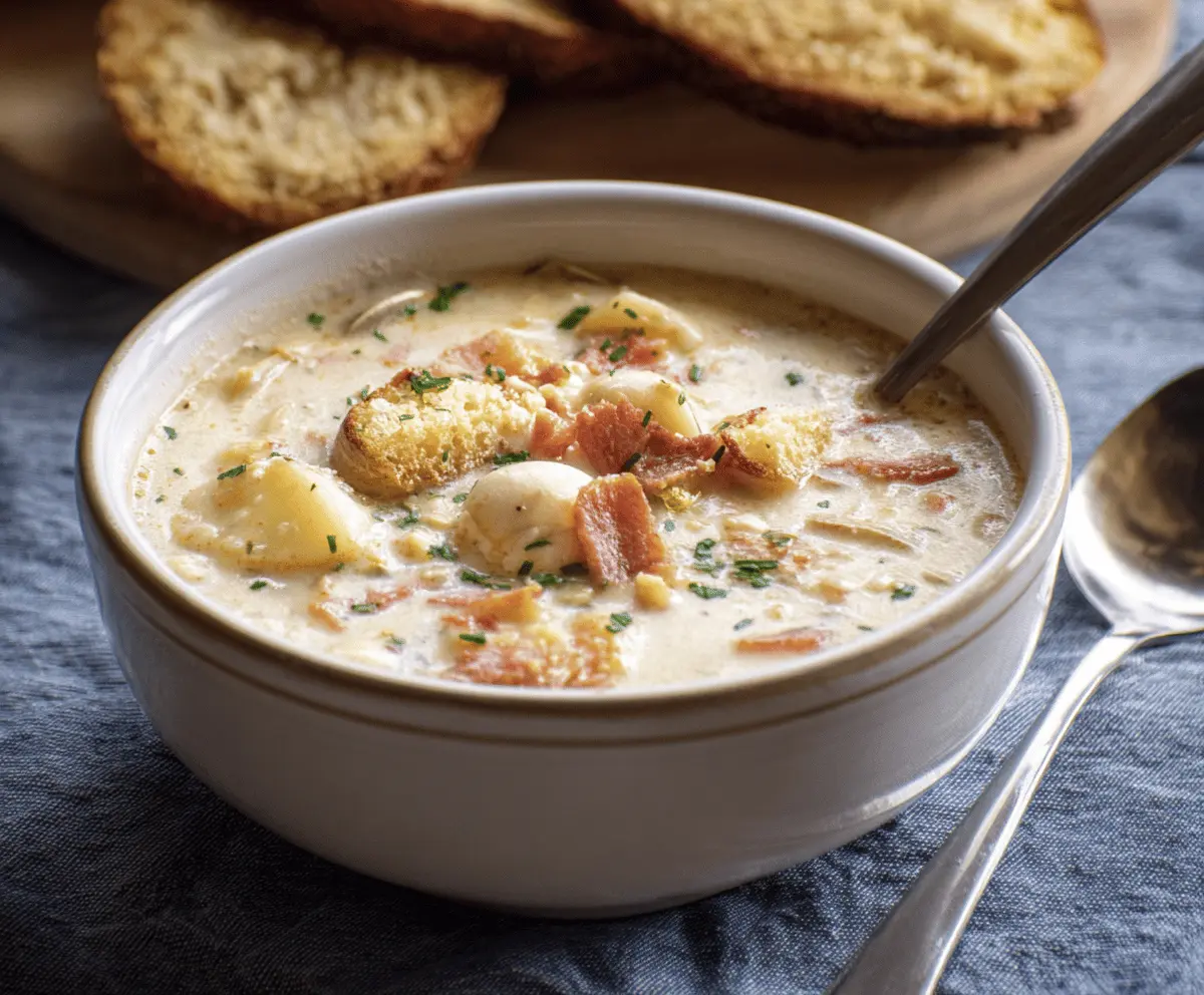 Creamy New England Clam Chowder served in a bowl with fresh clams, potatoes, and herbs, perfect for a hearty seafood meal.