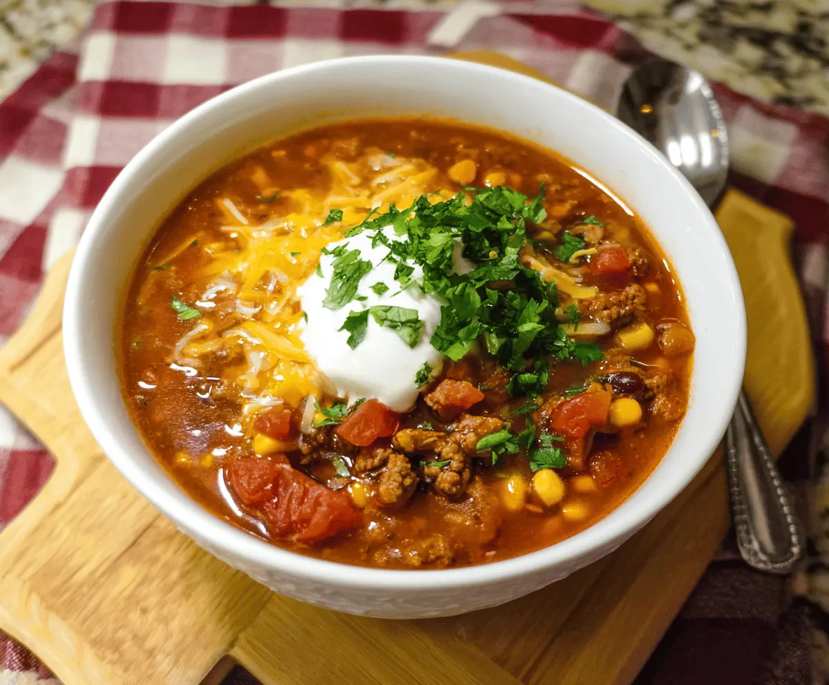 Delicious One-Pot Taco Soup with seasoned ground beef, beans, corn, tomatoes, and melted cheese served in a bowl