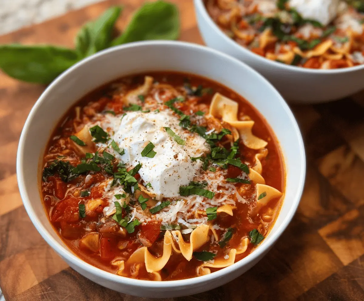 A bowl of steaming one-pot vegetarian lasagna soup with layers of melted cheese, fresh herbs, and colorful vegetables garnished with basil, served in a rustic ceramic bowl.