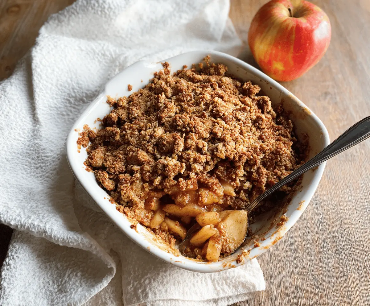 Delicious Paleo Apple Crisp topped with cinnamon and chopped nuts, served in a rustic baking dish