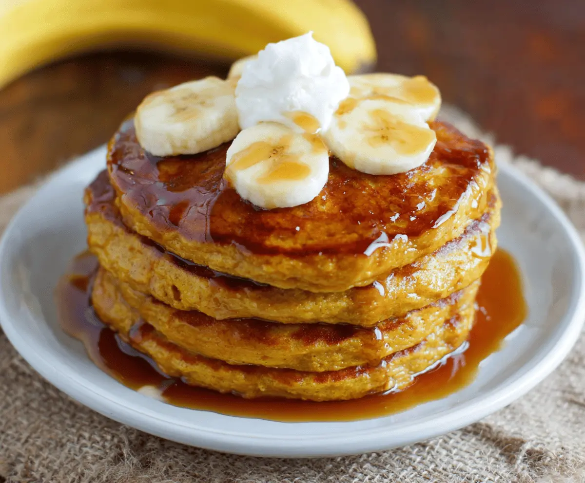 Fluffy pumpkin banana pancakes topped with whipped cream and cinnamon, served with fresh pumpkin slices on a plate